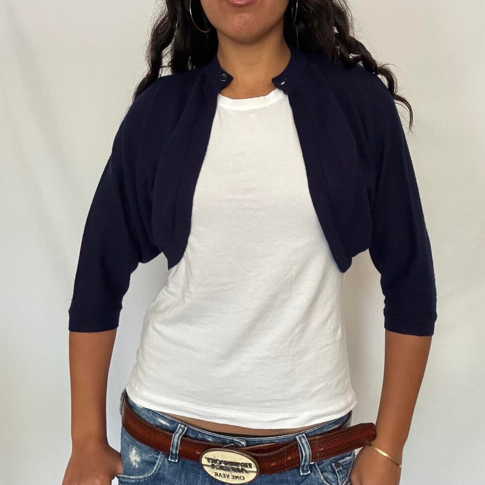 Vtg 1950s Jerry Gilden 100% virgin wool navy blue cropped bolero cardigan